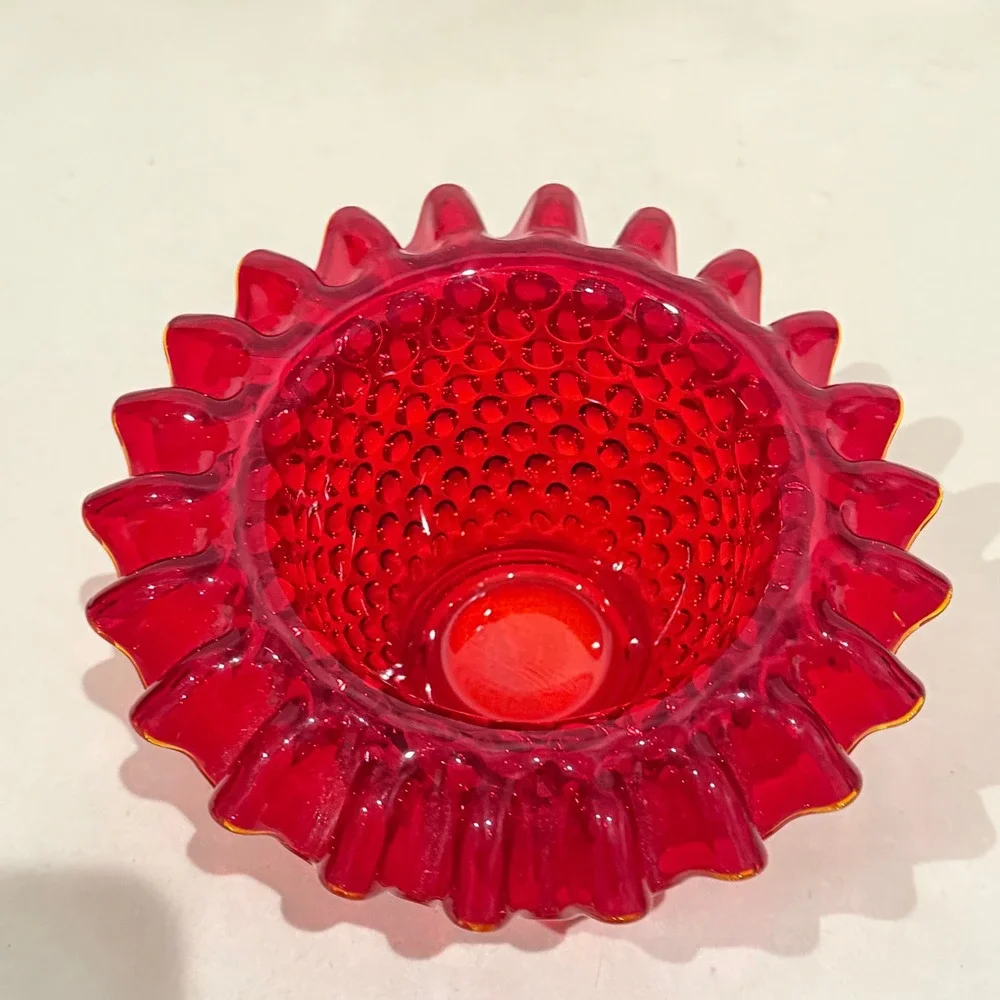 Vintage Fenton LG Wright Ruby Red Hobnail 3 Pc Fairy Lamp Ruffled UV Glow